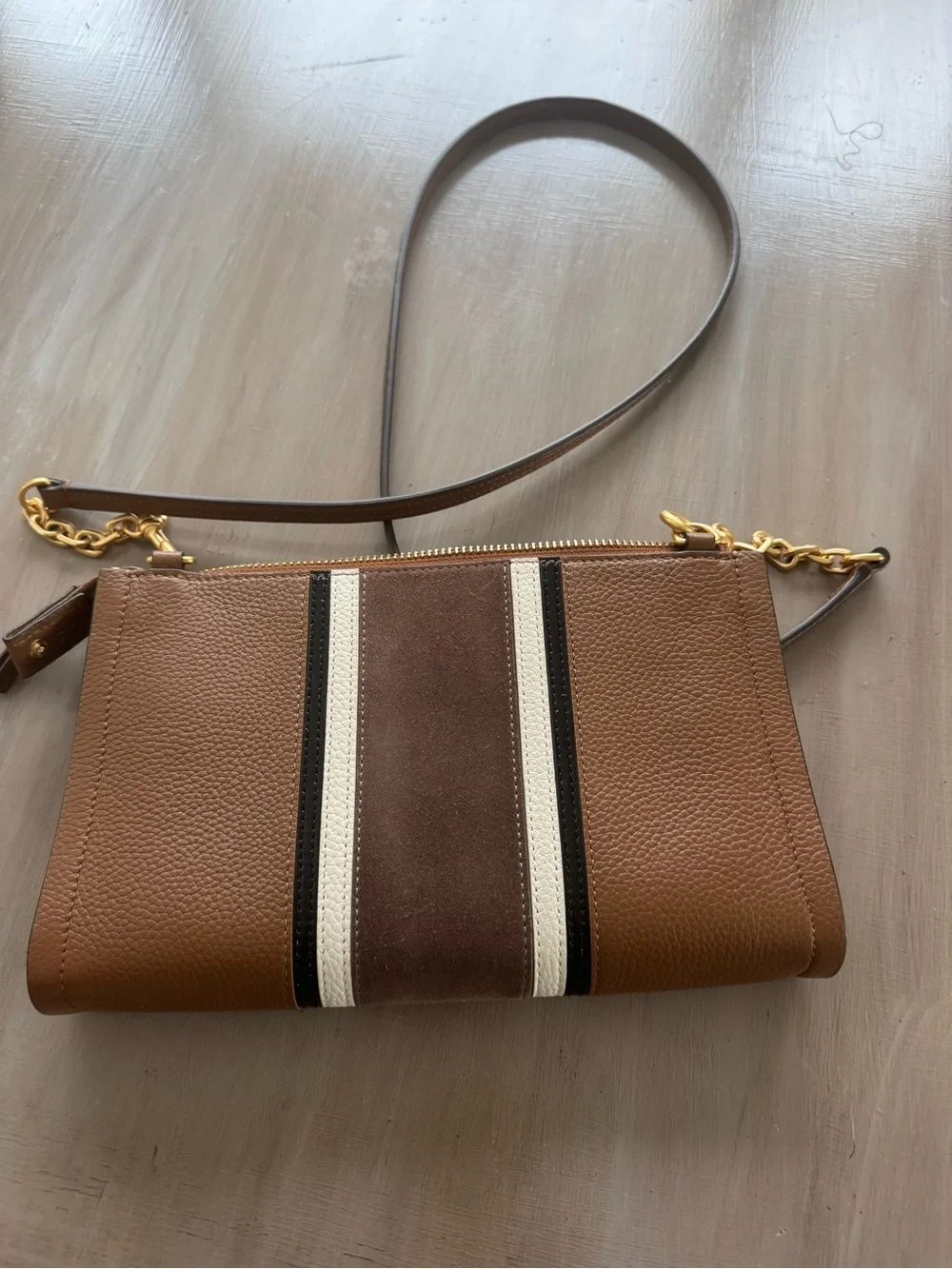 Tory Burch Carson Brown Leather Crossbody with Cream and Dark Brown Stripes